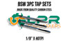 BSW 3pc Tap Set 1/8" x 40TPI. Made from quality Carbon Steel. Each set consists of a Starter, Middle & Bottom Tap. Supplied by LPR Toolmakers an Australian family owned business that imports high quality BSW Threaded Taps & Dies.