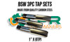 BSW 3pc Tap Set 1" x 8TPI. Made from quality Carbon Steel. Each set consists of a Starter, Middle & Bottom Tap. Supplied by LPR Toolmakers an Australian family owned business that imports high quality BSW Threaded Taps & Dies.