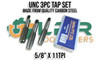 UNC Tap Set 5/8" x 11TPI. 3pc Set - Starter - Intermediate - Bottom Plug Taps. Made from quality Carbon Steel. Supplied by LPR Toolmakers an Australian family owned business that imports quality HSS & Carbon Steel UNC Taps. Shipped from country Victoria. 