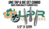 UNC Tap & Die Set 1/2" x 13TPI. 3pc Set - Starter - Intermediate - Bottom Plug Tap & matching Round Button Die combo. Made from quality Carbon Steel. Supplied by LPR Toolmakers an Australian family owned business that imports quality HSS & Carbon Steel UNC Taps. Shipped from country Victoria. 