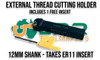 12mm External Thread Cutting Bar. Takes ER11 Thread Cutting Inserts. Supplied by LPR Toolmakers an Australian owned family business that imports high quality Internal & External Thread Cutting bars and Carbide Inserts to suit. Shipped from Melbourne, Victoria. 