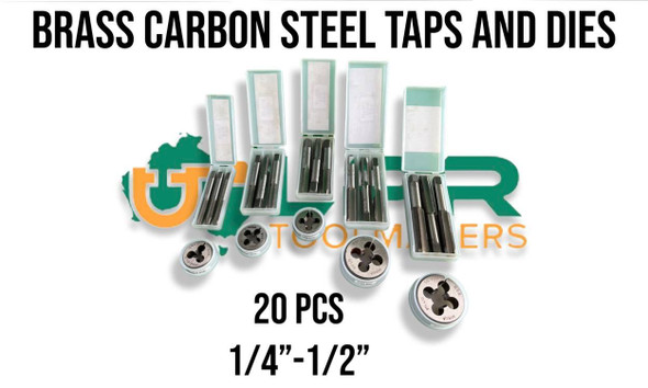 Brass 20pc Carbon Steel Tap & Die Set. 26TPI - 55Deg. 1/4", 5/16', 3/8", 7/16" & 1/2" Set. Supplied by LPR Toolmakers an Australian owned family business that imports quality Carbon Steel & HSS Taps & Dies. Shipped from Country Victoria.