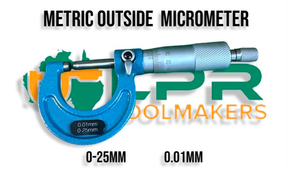 Metric Outside Micrometer - 0-25mm Capacity. Carbide Tipped Anvil. Supplied by LPR Toolmakers an Australian family owned business that imports high quality Metric & Imperial Outside Micrometers. Shipped from Melbourne, Victoria. 