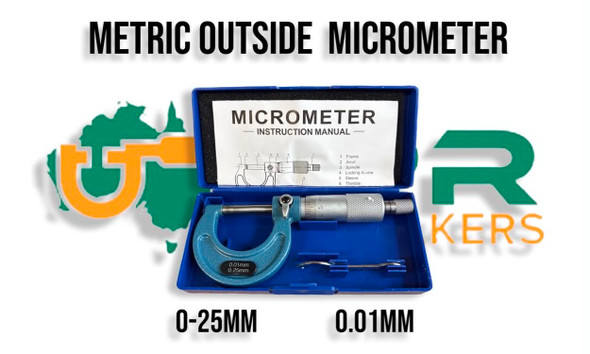Metric Outside Micrometer - 0-25mm Capacity. Carbide Tipped Anvil. Supplied by LPR Toolmakers an Australian family owned business that imports high quality Metric & Imperial Outside Micrometers. Shipped from Melbourne, Victoria. 