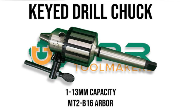 Keyed Drill Chuck - 1-13mm Capacity. MT2 - B16 Arbor. Supplied by LPR Toolmakers an Australian family owned business that imports good quality Keyed & Keyless Drill Chucks. Shipped from Melbourne, Victoria. 