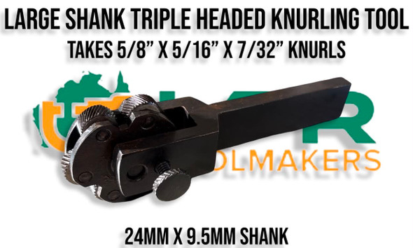 Triple Headed Knurling Tool - 24mm x 9.5mm Shank. Supplied by LPR Toolmakers an Australian owned family business that imports high quality Knurls. Shipped from Melbourne, Victoria. 