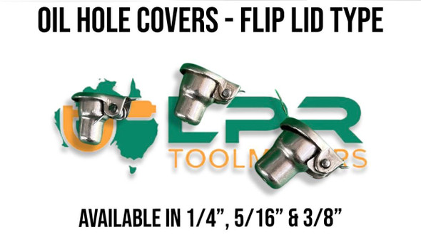 Oil Hole Cover, flip lid. Available in 1/4" - 5/16" - 3/8" sizes. Supplied by LPR Toolmakers an Australian family owned business that imports high quality oilers for your lathes, miniature engines. Shipped from Melbourne, Victoria.  