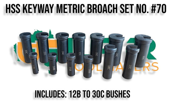13 Metric Bushes from 12mm to 30mm supplied in our Keyway Broach Set. No.70. Complete with 4 Broaches & 13 Bushes. Supplied by LPR Toolmakers an Australian family owned business that imports high quality Keyway Broaches & Bushes in Metric or Imperial. Shipped from Melbourne, Victoria. 