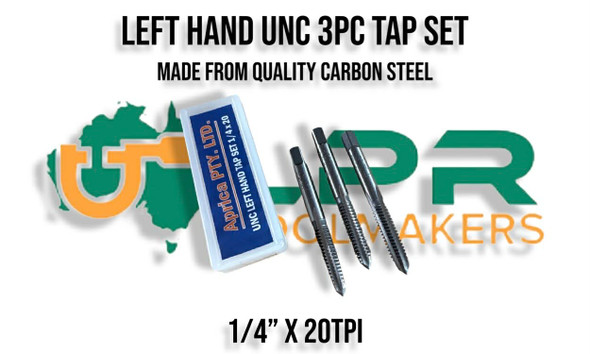 Left Hand UNC Taps set Starter - Middle - Bottom 1/4" x 20TPI - Made from quality Carbon Steel. Supplied by LPR Toolmakers an Australian family owned business that imports high quality Carbon Steel & HSS Left hand UNC thread Taps & Dies. Shipped from Melbourne, Victoria.