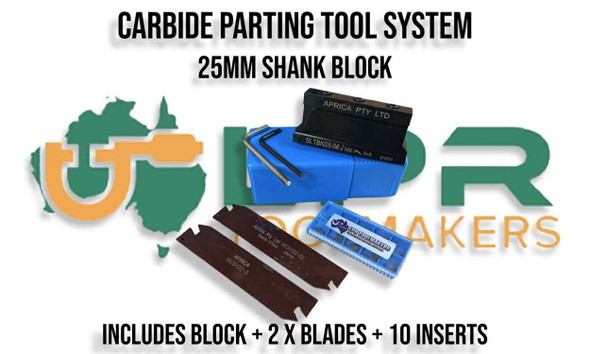Carbide Insert Parting Tool System 25mm Shank Block with Inserts & Parting Blades. Supplied by LPR Toolmakers an Australian owned family business that imports quality Parting Tool Blocks, Parting Off Blades & Carbide Inserts. Shipped from country Victoria. 