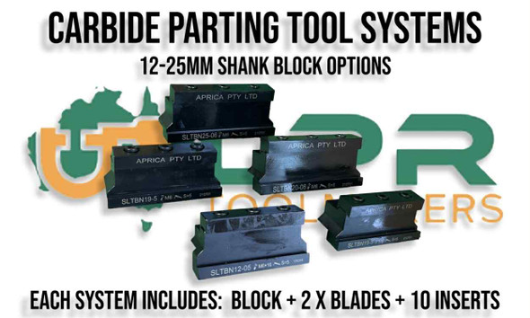 Carbide Insert Parting Tool Systems. 12-16-19-20-25mm Shank Blocks, Inserts & Parting Blades. Supplied by LPR Toolmakers an Australian owned family business that imports quality Parting Tool Blocks, Parting Off Blades & Carbide Inserts. Shipped from country Victoria. 