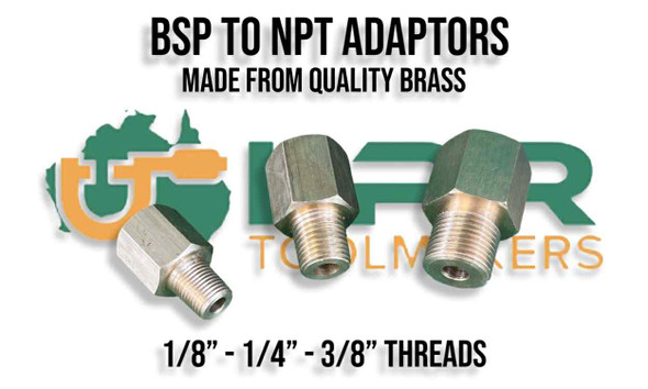 Convert your BSP thread to NPT with these Brass Adaptors. Available in 1/8", 1/4" & 3/8" Sizes. Supplied by LPR Toolmakers an Australian owned family business that imports quality BSP & NPT Adaptors & Connectors. Shipped from Melbourne, Victoria. 