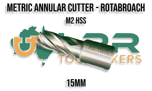Metric Rota Broach - Annular Cutter. 15mm x 25mm Depth of Cut. Made from quality HSS. Supplied by LPR Toolmakers an Australian family owned business that imports quality Rota Broaches and Holders. Shipped from Melbourne, Victoria. 