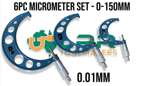 Micrometer Set 0 to 150mm x .01mm increments 6pc wooden box quality Mics