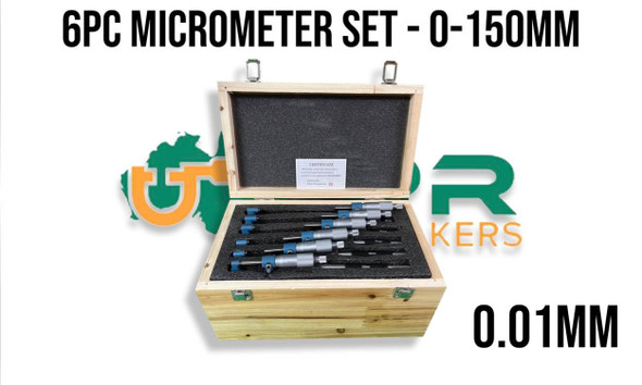 Micrometer Set 0 to 150mm x .01mm increments 6pc wooden box quality Mics
