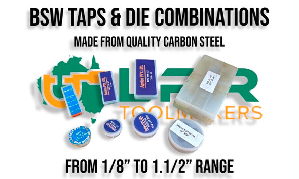 BSW Taps & Die Combination Range 1/8" - 1.1/2". Made from quality Carbon Steel & supplied by LPR Toolmakers an Australian family owned business that imports high quality BSW Threaded Taps & Dies. 