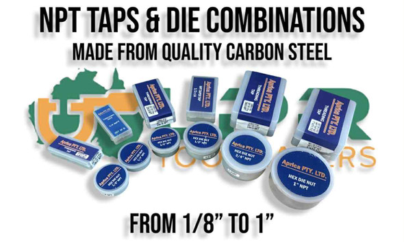 NPT Taps & Die Combination - 1/8" to 1" Range. Made from quality Carbon Steel. Supplied by LPR Toolmakers an Australian family owned business that imports quality Carbon Steel & HSS NPT Tap & Dies. Shipped from Melbourne, Victoria. 