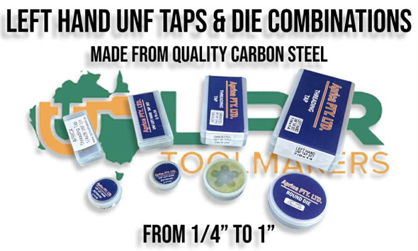 Left Hand UNF Taps & Die Combo's. From 1/4" to 1" - Includes 3 Taps & matching button Die for each size. Supplied by LPR Toolmakers an Australian family owned business that imports quality Carbon Steel & HSS Taps & Dies. Shipped from Melbourne, Victoria.  Left Hand UNF Taps & Die Combo's. From 1/4" to 1" - Includes 3 Taps & matching button Die for each size. Supplied by LPR Toolmakers an Australian family owned business that imports quality Carbon Steel & HSS Taps & Dies. Shipped from Melbourne, Victoria.