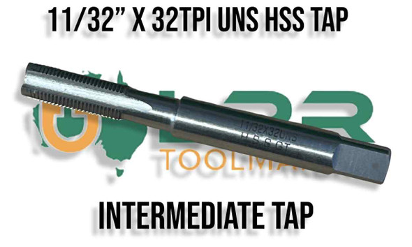 UNS 11/32" x 32TPI HSS Middle [Intermediate] Tap. Supplied by LPR Toolmakers an Australian owned family that business that imports quality HSS Taps. UN, UNEF, UNS, UNF Threads. Shipped from Melbourne, Victoria.