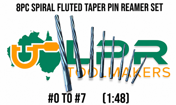 8pc - #0 to #7 HSS M2 Taper Pin Reamer Set. 1:48. Supplied by LPR Toolmakers an Australian owned family business that imports high quality HSS Spiral Flute Taper Pin Reamers. Shipped from Melbourne, Victoria. 