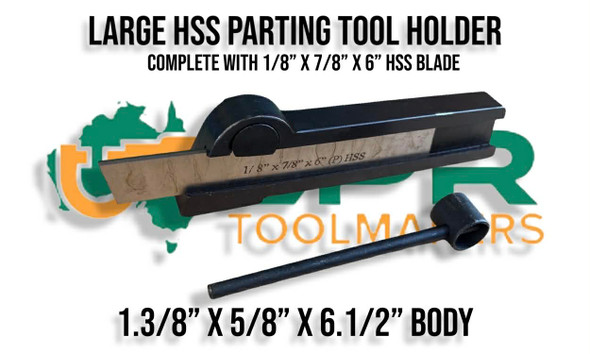 Large Parting Toolholder - Takes 7/8" HSS Parting Blades. 1.3/8" x 5/8" x 6.1/2" Body comes with 1/8" x 7/8" x 6.1/2" Parting tool blade. Supplied by LPR Toolmakers an Australian owned family business that imports quality HSS & Carbide Parting tool holders and packages. Shipped from Melbourne, Victoria. 