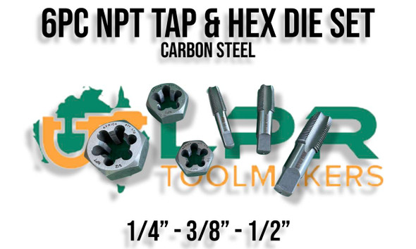 NPT 6pc Tap and Hex Die Set (Boxed) 1/4" to 1/2" Carbon Steel