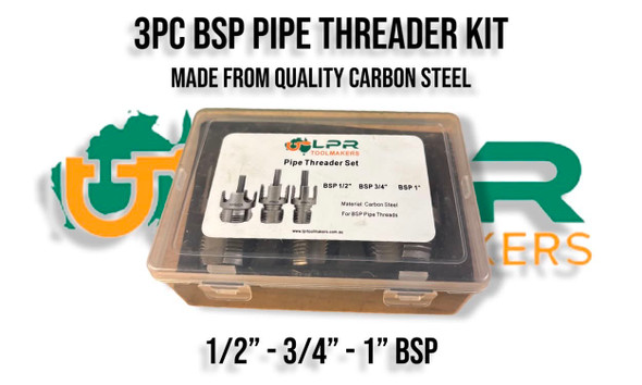 BSP Pipe Threader Kit - 1/2", 3/4" & 1" Threads. Made from quality Carbon. Supplied by LPR Toolmakers an Australian family owned business that imports high quality BSP Taps, Dies, fittings and also threading kits. 