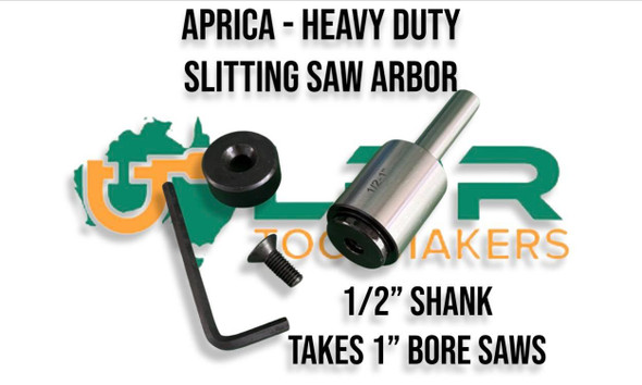 Heavy Duty Slitting Saw Arbor. Suited for smaller slots/slitting saws. 1/2" Straight Shank Arbor that takes 1" Bore Saws. Supplied by LPR Toolmakers an Australia owned family business that imports high quality slitting and slotting cutters. Shipped from Melbourne, Victoria.  Heavy Duty Slitting Saw Arbor. Suited for smaller slots/slitting saws. 1/2" Straight Shank Arbor that takes 1" Bore Saws. Supplied by LPR Toolmakers an Australia owned family business that imports high quality slitting and slotting cutters. Shipped from Melbourne, Victoria.