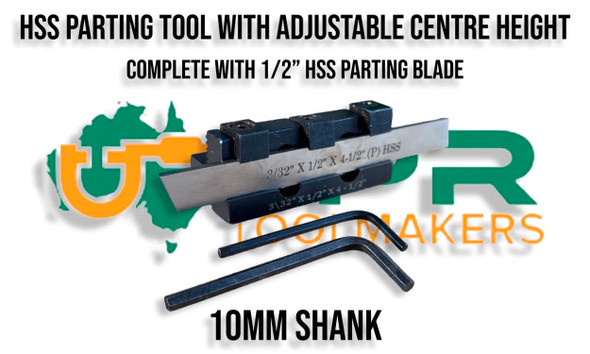 Adjustable Centre Height Parting Off Tool Holder - 10mm Shank. Adjust centre height from 8 to 14mm. Supplied by LPR Toolmakers an Australian family owned business that imports high quality HSS & Carbide Parting Tool systems. Shipped from Melbourne, Victoria. 