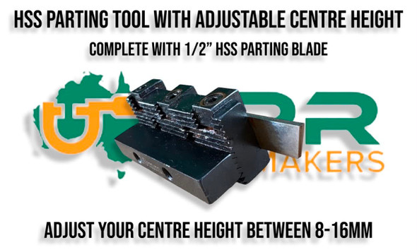 Adjustable Centre Height Parting Off Tool Holder - 10mm Shank. Adjust centre height from 8 to 14mm. Supplied by LPR Toolmakers an Australian family owned business that imports high quality HSS & Carbide Parting Tool systems. Shipped from Melbourne, Victoria. 