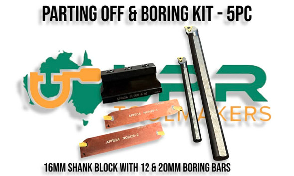 16mm Parting Off Block with 2 x Carbide Insert Parting blades. 26mm x 2 & 26mm x 3 blades. 12mm & 20mm Boring Bars included. Suit 16mm Centre Height. Supplied by LPR Toolmakers an Australian owned family business that imports high quality Parting Tool Systems and Boring Bars with carbide. Shipped from Melbourne, Vic. 