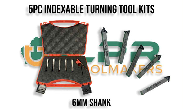 5pc Lathe Turning Tool Set 6mm Shank - Chamfering, Boring, Turning, Facing, Grooving. Inserts TCMT204 & TCMT304. Supplied by LPR Toolmakers an Australian family owned business that imports quality Lathe Tooling supplies. Located & all items are shipped in Victoria. 