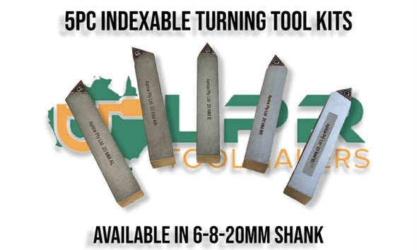 5pc Lathe Turning Tool Set - Chamfering, Boring, Turning, Facing, Grooving. Inserts TCMT204 & TCMT304. Supplied by LPR Toolmakers an Australian family owned business that imports quality Lathe Tooling supplies. Located & all items are shipped in Victoria. 