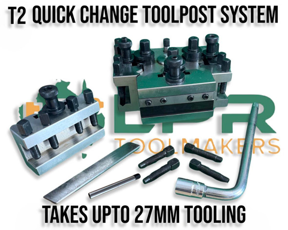 Quick Change Toolpost System T2 takes upto 27mm Shank Tooling for the Lathe. Complete with Toolpost Block & Spare Holders to hold your tooling. Suppled by LPR Toolmakers an Australian family owned business that imports high quality Toolpost Systems for your Lathes. Shipped from Melbourne, Victoria. 