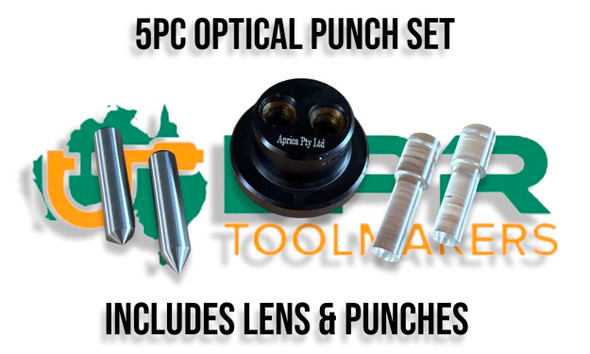 Optical Punch Set - 5pc includes  lens & Punches. Supplied by LPR Toolmakers an Australian owned family business that imports high quality punching systems. Shipped from Melbourne, Vic. 