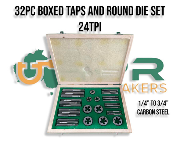 Harley & Indian 24TPI Carbon Steel Tap & Die Kits. 1/4" to 3/4" Tap & Round Button Die Boxed Set. Supplied by LPR Toolmakers an Australian family owned business that imports quality 24TPI Taps & Dies in Carbon Steel & HSS. Shipped from Country Victoria. 