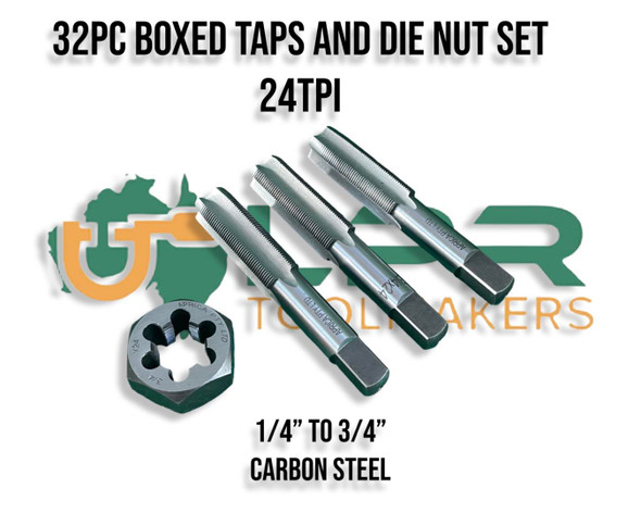 Harley & Indian 24TPI Carbon Steel Tap & Die Kits. 1/4", 5/16", 3/8", 7/16", 1/2", 5/8", 9/16", 3/4" Tap & Die Nuts Boxed Set. Supplied by LPR Toolmakers an Australian family owned business that imports quality 24TPI Taps & Dies in Carbon Steel & HSS. Shipped from Country Victoria. 