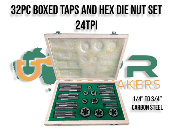 Harley & Indian 24TPI Carbon Steel Tap & Die Kits. 1/4" to 3/4" Tap & Die Nuts Boxed Set. Supplied by LPR Toolmakers an Australian family owned business that imports quality 24TPI Taps & Dies in Carbon Steel & HSS. Shipped from Country Victoria. 