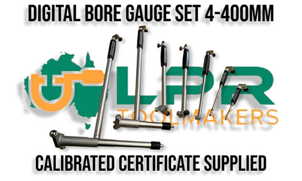 Digital Bore Gauge Set - 4-400mm Calibrated. Supplied by LPR Toolmakers an Australian family owned business that imports high quality Bore Gauges calibrated & non calibrated at affordable prices. Shipped from Melbourne, Vic. 