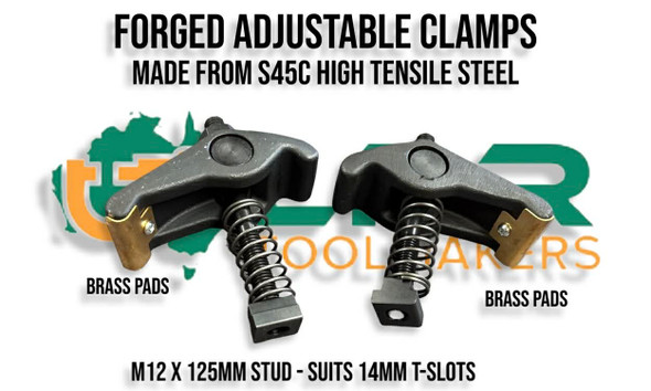 Forged Adjustable Milling Machine Clamps - Made from High Tensile S45C Steel. Brass pads for workpiece protection. Supplied by LPR Toolmakers an Australian owned family business that imports high quality Clamps for your Milling machine. Shipped from Melbourne, Victoria. 
