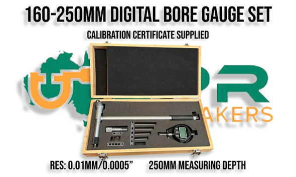 Digital Bore Gauge Set - 160-250mm Calibrated. Supplied by LPR Toolmakers an Australian family owned business that imports high quality Bore Gauges calibrated & non calibrated at affordable prices. Shipped from Melbourne, Vic. 