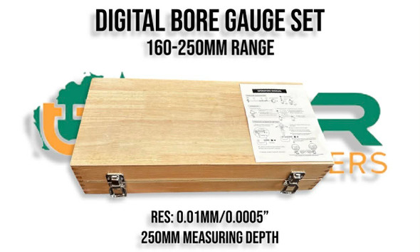 Digital Bore Gauge Set - 160-250mm Calibrated. Supplied by LPR Toolmakers an Australian family owned business that imports high quality Bore Gauges calibrated & non calibrated at affordable prices. Shipped from Melbourne, Vic. 