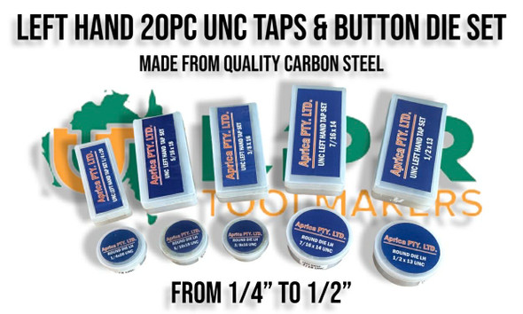 Left Hand UNC 20pc Taps & Die Set. 1/4" to 1/2" Kit. Supplied by LPR Toolmakers an Australian family owned business that imports high quality Left Hand UNF thread Taps & Dies. Shipped from Melbourne, Victoria. 