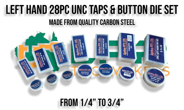 Left Hand UNC 28pc Taps & Die Set. 1/4" to 3/4" Kit. Supplied by LPR Toolmakers an Australian family owned business that imports high quality Left Hand UNF thread Taps & Dies. Shipped from Melbourne, Victoria. 