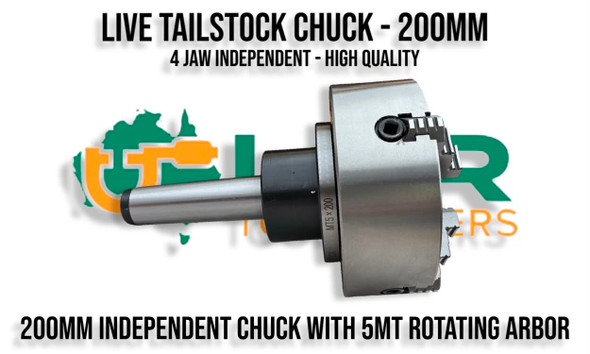 200mm Independent Chuck with a 5MT rotating Arbor. Supplied by LPR Toolmakers an Australian owned family business that imports high quality Chucks, Arbors for your Lathe. Shipped from Melbourne, Victoria. 
