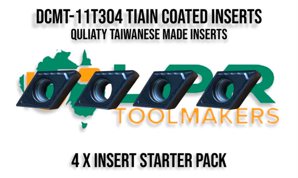 DCMT11T304 Carbide Insert 4 x Starter Pack for lathe turning tool. TiAIN Coated upto 80RC. Supplied by LPR Toolmakers an Australian family business that imports high quality Carbide inserts from Taiwan. Shipped from Melbourne, Victoria.