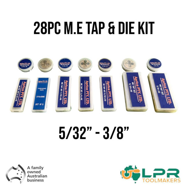 28pc Model Engineering [M.E] Tap & Die Set. Made from quality Carbon Steel. Supplied by LPR Toolmakers an Australian owned family business that imports high quality Carbon Steel & HSS Taps & Dies. Shipped from Melbourne, Victoria. 
