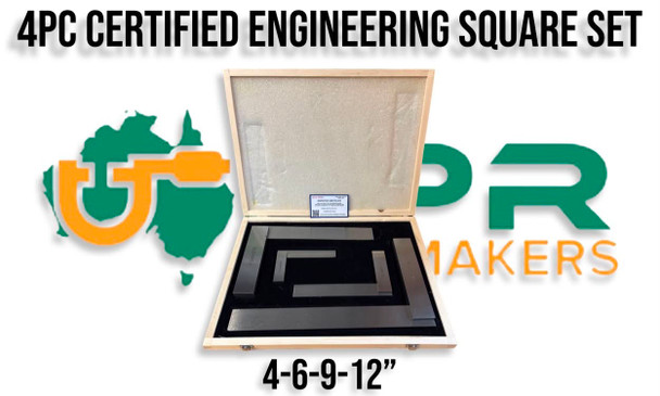 4pc AA Grade Precision Engineering Squares Set. 4" - 6" - 9" & 12" Heavy Duty Base. Supplied by LPR Toolmakers an Australian based family business that imports high quality Engineering Squares for your workshop. Shipped from Melbourne, Victoria. 