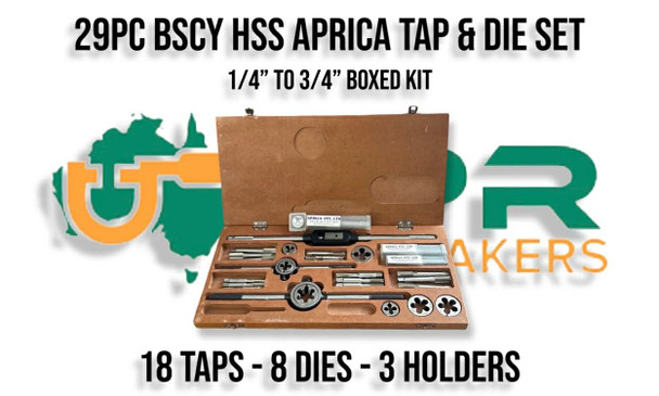29pc HSS BSCY (Cycle) Thread Tap & Die Set. 1/4" to 3/4" made to ISO Standards. Supplied by LPR Toolmakers an Australian family owned family business that imports high quality HSS Tap & Dies. Shipped from Melbourne, Victoria. 