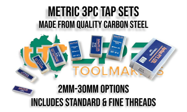 Metric 3pc Tap Sets 2-30mm made from quality Carbon Steel. Supplied by LPR Toolmakers an Australian owned family business that imports quality Carbon Steel Metric Tap & Dies. Shipped from Melbourne, Victoria. 